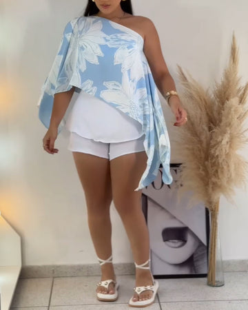 2 Pieces Outfit Floral Print Asymmetrical Neck Slit Convertible Top with Bandeau